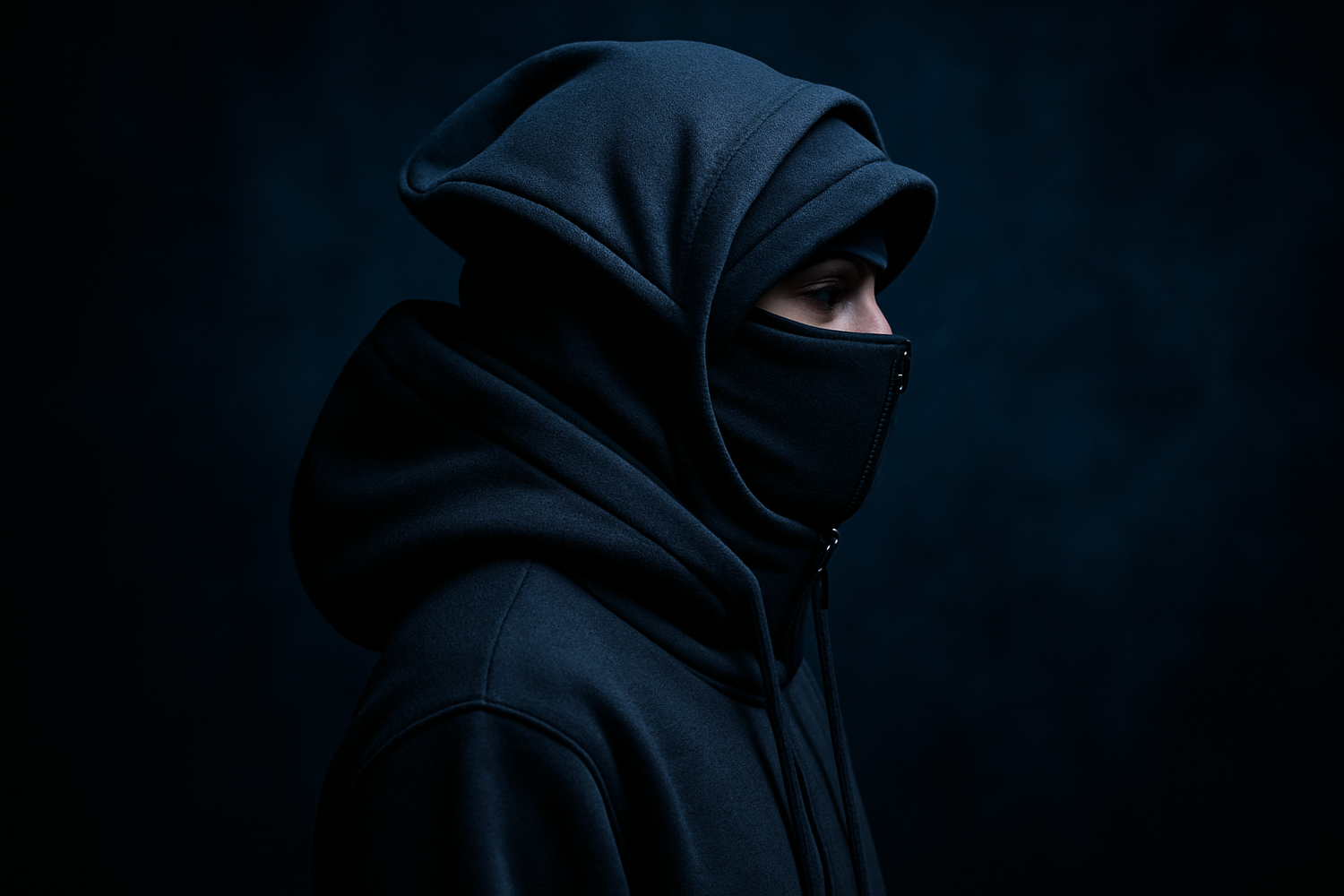 Person wearing hoodie that has balaclava that closes with zipper and it has another hood on top of that. They're standing from the side and the background is cool and dark